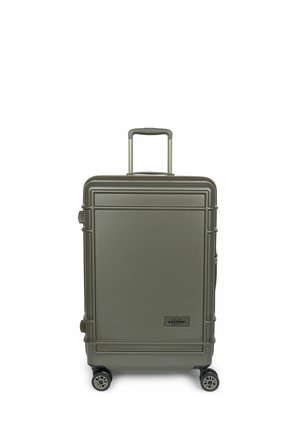 Hartschalenkoffer in Olivgrün mit strukturierter Oberfläche, ausziehbarem Griff und vier Drehrollen für einfache Mobilität.