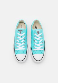 Baskets en toile bleu clair avec des lacets blancs, des œillets noirs et des semelles en caoutchouc noir. Elles ont un bout arrondi et une pointe en caoutchouc blanc.