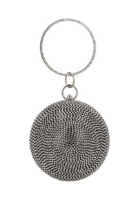 Ronde metalen sleutelhanger met een getextureerd oppervlak met verweven patronen en een ring met kristalaccenten, voornamelijk in zilverkleurige tinten.