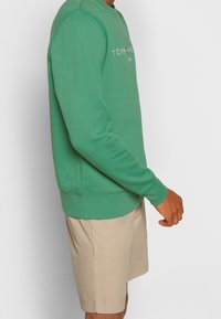 Man in groene lange mouwen sweatshirt met logo en beige shorts, staand tegen een eenvoudige witte achtergrond.