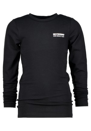 T-shirt noir manches longues col rond avec petit logo blanc "Vingino Denim Brand Est 1997" sur la partie supérieure gauche de la poitrine.