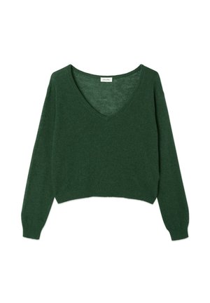 Maglione verde corto con scollo a V, maniche lunghe, polsini e orlo a coste. Realizzato in un materiale a maglia testurizzato. Design semplice e privo di decorazioni.