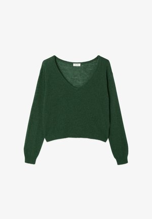 Grøn cropped sweater med V-hals, lange ærmer, ribbede manchetter og kant. Lavet af et struktureret strikmateriale. Enkel, udekoreret design.