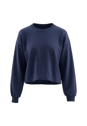 Marineblaue, langärmelige kurz geschnittene Sweatshirt mit geripptem Rundhalsausschnitt und Bündchen sowie einer leicht lockeren Passform.