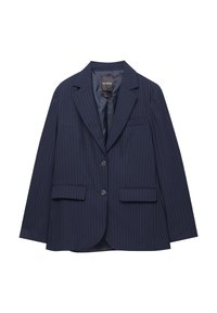 Blazer bleu marine à fines rayures avec col cranté, fermeture à deux boutons, poches à rabat, poche poitrine et intérieur doublé.