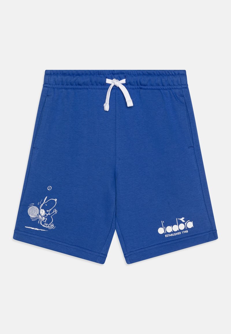 Calções de algodão azuis com cintura elástica e cordão branco. Apresenta um personagem de desenho animado com uma raquete de ténis e um logótipo de marca em branco.
