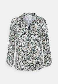 Blumenhemd mit Knopfleiste und Kragen, mit einem dunklen Grundton und weißen, rosa und grünen Blumenmustern. Lange Ärmel, leichtes Material.