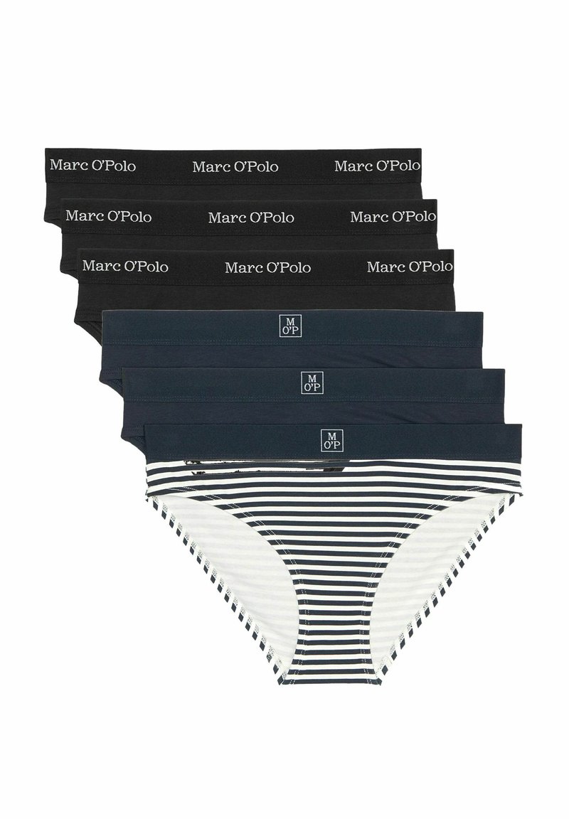 Verpakking met vrouwenondergoed in vier effen donkere kleuren en één gestreept ontwerp. Gemaakt van zachte stof met merknamen op de taillebanden.