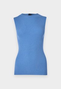 Sleeveless ribbed blue knit top with mock neck, fitted silhouette, displayed against white background.