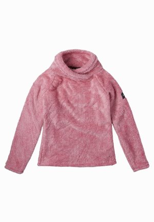 Blødt, pink fleecepullover med lange ærmer, høj krave og et lille sort mærke på venstre ærme.