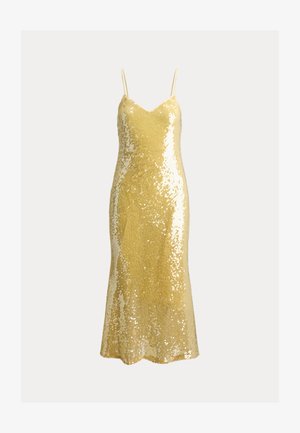 Vestido midi de lentejuelas doradas con finos tirantes de espagueti y escote en V, ajustado en el cuerpo y con un ligero vuelo en el bajo.