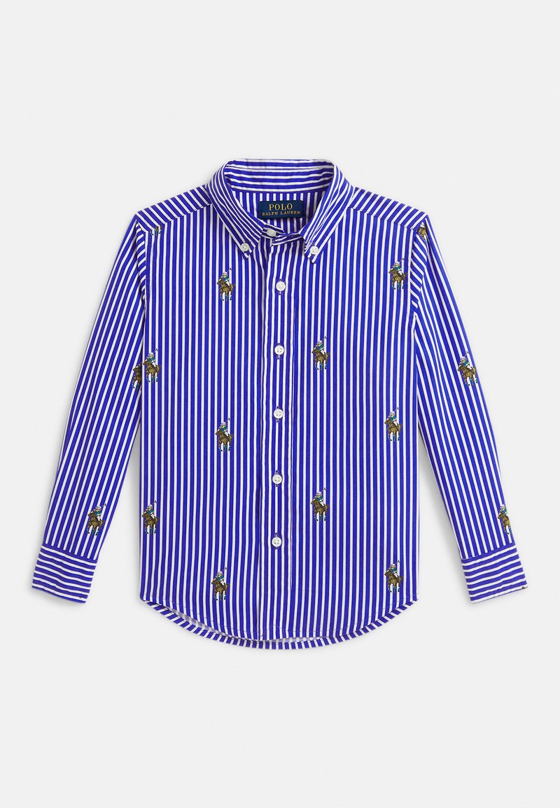 Mėlynos ir baltos vertikaliai dryžuotos ilgomis rankovėmis mygtukais užsegamos marškiniai su siuvinėtais polo žaidėjų motyvais ir smailiais apykaklės kampais.