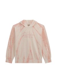 Haut à capuche tie-dye en crème avec des motifs roses. Doté d'une poche kangourou, de poignets côtelés et du logo "Guess Established 1981" en rose doux.