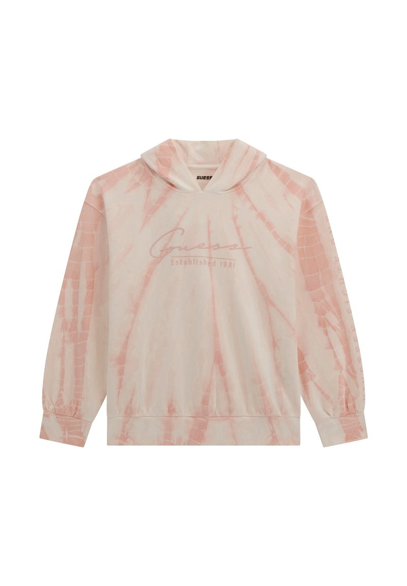 Haut à capuche tie-dye en crème avec des motifs roses. Doté d'une poche kangourou, de poignets côtelés et du logo "Guess Established 1981" en rose doux.