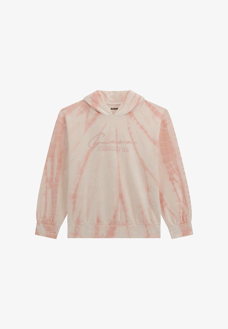 Krémszínű, rózsaszín mintázatú, batikolt kapucnis pulóver. Kangaroo zsebe, bordás mandzsettái és puha rózsaszín "Guess Established 1981" logója van.