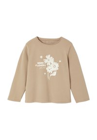 Beige Langarmshirt mit einem weißen Blumenmotiv und dem Text "MEHR BLUMEN bitte." Weicher Stoff mit Rundhalsausschnitt.