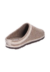 Brown felt slip-on slipper with beige trim and textured dark brown sole, angled to show interior lining and open back.