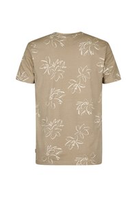 Short-sleeve beige T-shirt with white floral pattern, round neckline, soft fabric, and a regular fit. Features stitching at the hem and sleeves.