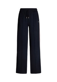 Marineblauwe sweatpants met een wijduitlopende pasvorm, elastische tailleband, trekkoordsluiting en crèmekleurige zijstrepen. Gemaakt van zachte, gestructureerde stof.