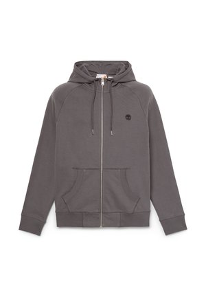 Grauer Kapuzenpullover mit durchgehendem Reißverschluss, Fronttaschen, Kordelzugkapuze, gerippten Bündchen und Saum sowie einem kleinen Timberland-Logo auf der Brust.
