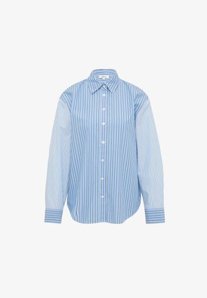 Chemise à boutons en bleu clair et blanc à rayures verticales. Dotée d'un col classique, de manches longues et d'un tissu en coton lisse.