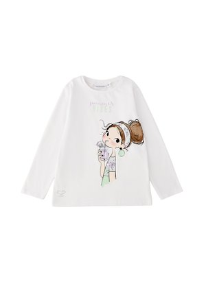 Biała koszula z długim rękawem z rysunkową dziewczynką z opaską na głowie pijącą z filiżanki, z napisem „summer vibes” nad ilustracją.