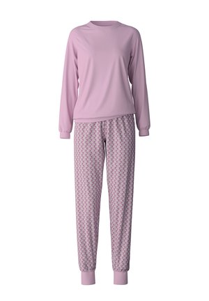 Maglietta rosa a maniche lunghe con scollo rotondo e polsini elasticizzati abbinata a pantaloni da pigiama coordinati con un design decorato in rosa e bianco.