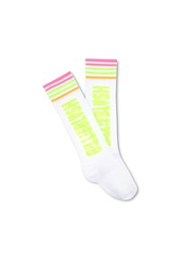 Chaussettes blanches avec des poignets rayés multicolores comprenant du rose, du vert et de l'orange, et un grand texte en gras affichant "BALLABUSH" en jaune fluo.