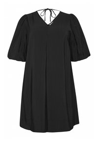 Robe noire avec un décolleté en V et des manches courtes bouffantes. Présente un détail à nouer dans le dos et une coupe décontractée, fabriquée en un tissu lisse.