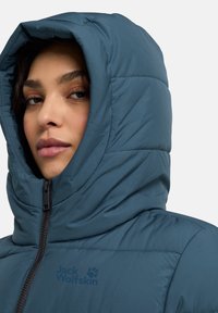 Giacca puffa teal con cappuccio e chiusura con zip, dotata di un logo. Tessuto liscio con pannelli cuciti e colletto alto.