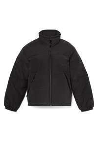 Giacca a vento nera con colletto alto, chiusura frontale con zip, polsini elasticizzati e tasche laterali. Presenta una texture trapuntata e cuciture a contrasto.