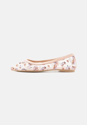 Pointed-toe flat shoe with a sheer beige fabric and small pink, white, and brown floral embroidery, and beige trim around the opening.