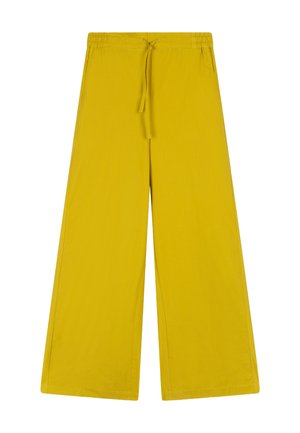 Gele broek met brede pijpen, elastische tailleband en trekkoord, gemaakt van lichtgewicht stof.