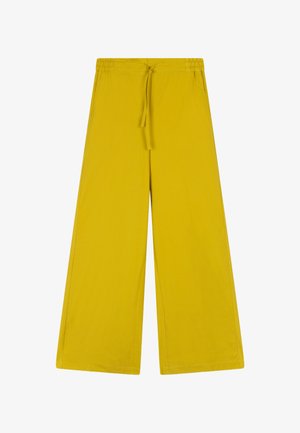 Gele broek met brede pijpen, elastische tailleband en trekkoord, gemaakt van lichtgewicht stof.