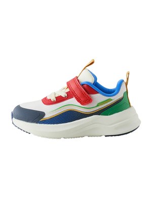 Children's sneaker with white base, red strap, blue and green accents, beige laces, and thick white sole on a white background.