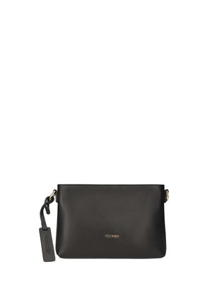 Black leather clutch bag with textured surface, gold Picard logo, and attached leather tag on a metal ring.