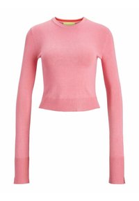 Maglione rosa lavorato a maglia con scollatura rotonda, maniche lunghe e polsini a coste. Design corto con texture liscia e una leggera elasticità.