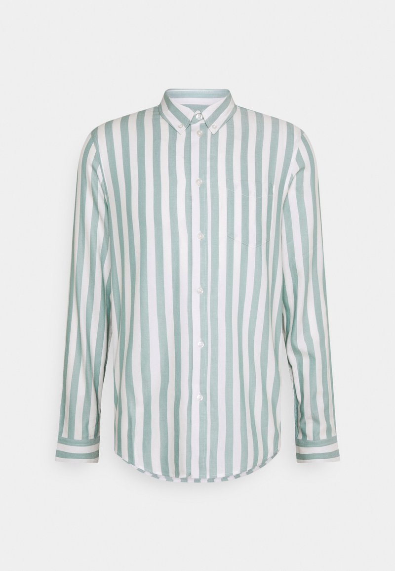 Cotton long-sleeve shirt with vertical mint green and white stripes, button-front, collar, single chest pocket, and curved hem.