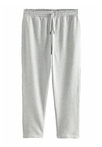 Pantalones de chándal gris claro con cinturilla elástica, cordón ajustable y una suave mezcla de algodón texturizada. Diseño de pierna recta.