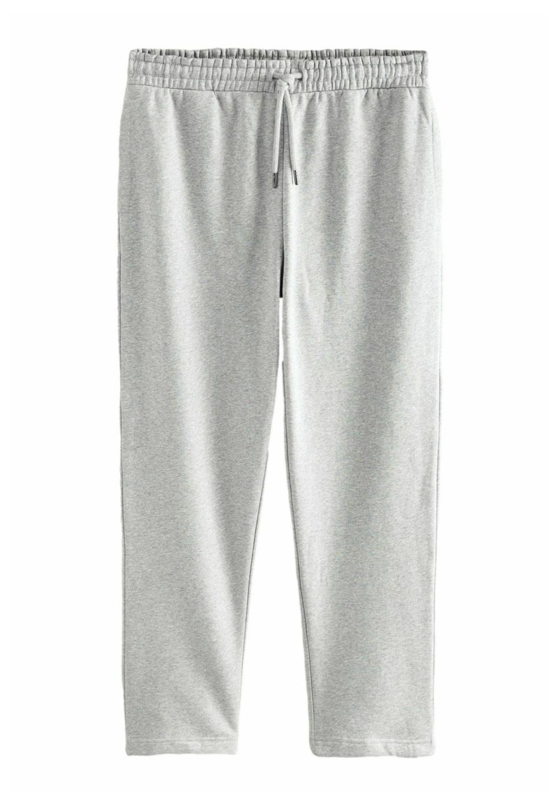 Pantalones de chándal gris claro con cinturilla elástica, cordón ajustable y una suave mezcla de algodón texturizada. Diseño de pierna recta.