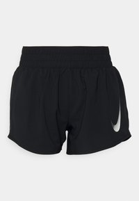 Pantalones cortos deportivos negros con cintura elástica, con un logo de swoosh de Nike en plata reflectante en el lado izquierdo. Tela suave y ligera.