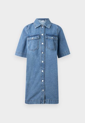Denim shirt dress, light blue color, short sleeves, button-down front, two chest pockets, straight cut, and slightly flared hem.