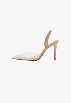 Beige slingback high heel shoe with pointed toe, transparent material, adorned with rhinestones at the toe area, featuring a slim heel.