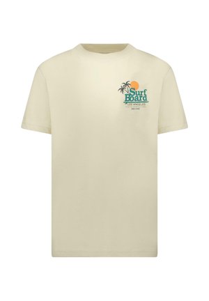Korte mouwen, licht crèmekleurig katoenen T-shirt met een afbeelding van palmbomen, de zon en de tekst: "Surf Board Los Angeles." Losse pasvorm.