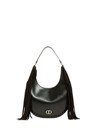 Čierna kožená kabelka na rameno s dlhými zamatovými strapcami po stranách a malým zlatým oválnym logom v spodnej strede.