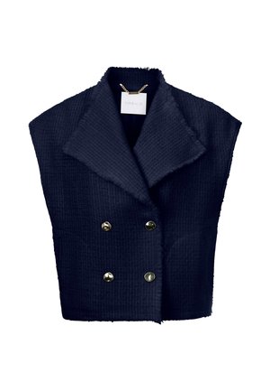 Navy blue cropped vest with a textured fabric, double-breasted front, large lapels, and gold-tone buttons. Features frayed edges.