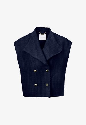 Marineblauer, taillierter Weste aus strukturiertem Stoff, mit doppelter Knopfleiste, großen Revers und goldfarbenen Knöpfen. Verfügt über fransige Kanten.