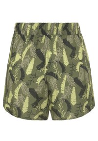 Pantaloni corti verdi con un motivo a foglie in verde chiaro e nero, con vita elasticizzata e vestibilità comoda. Tessuto morbido e traspirante.