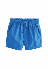 Niebieskie kąpielówki wykonane z lekkiego materiału, z elastycznym pasem w talii i sznurkiem oraz bocznymi kieszeniami. Gładka faktura, prosty design.