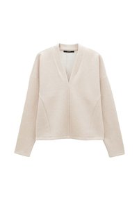 Pullover beige oversize con scollatura a V profonda, maniche lunghe e cuciture pulite. Texture morbida, design informale e look minimalista.